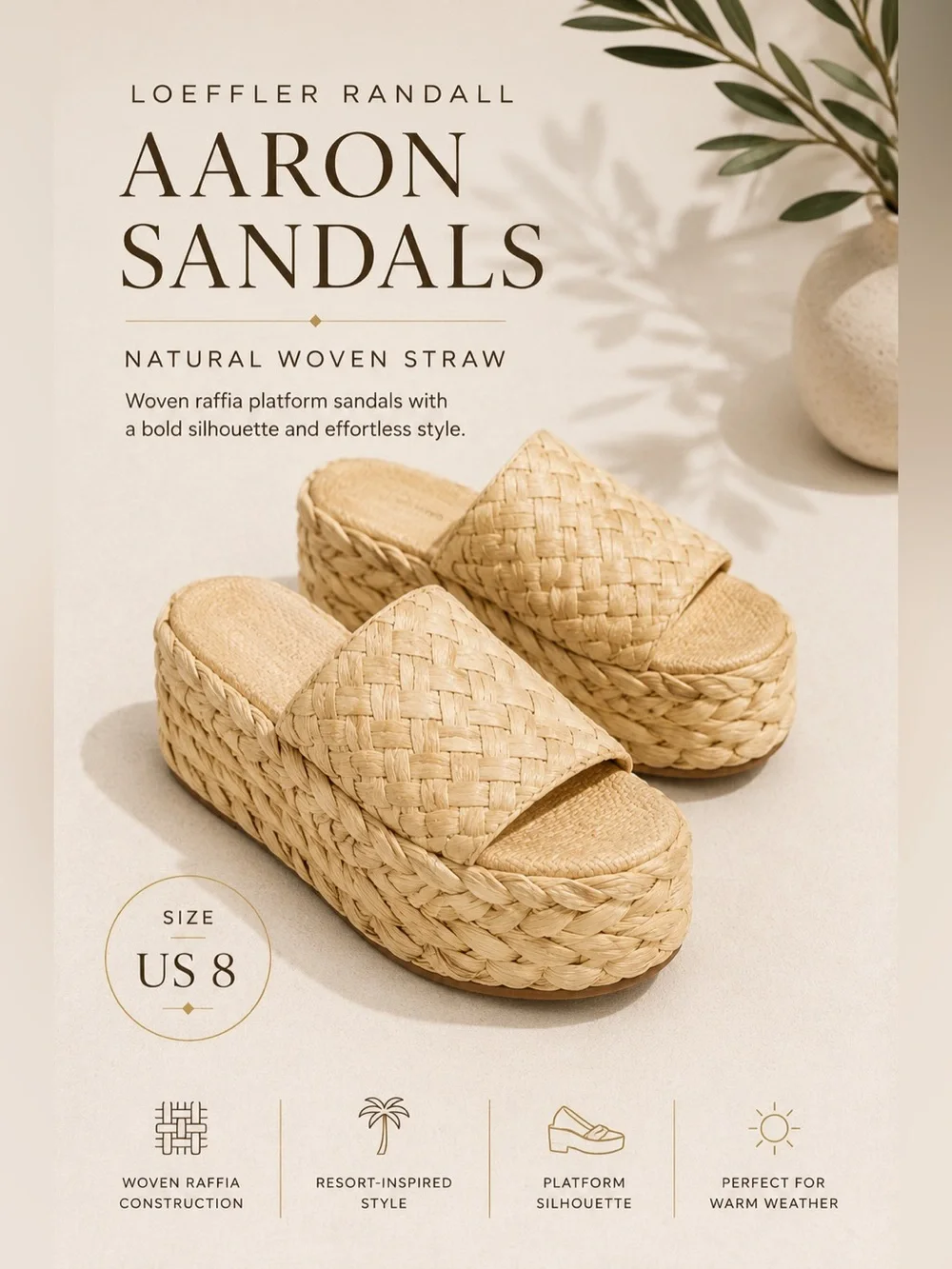 Loeffler Randall Aaron Natural Woven Straw Raffia Platform Sandals Size 8
